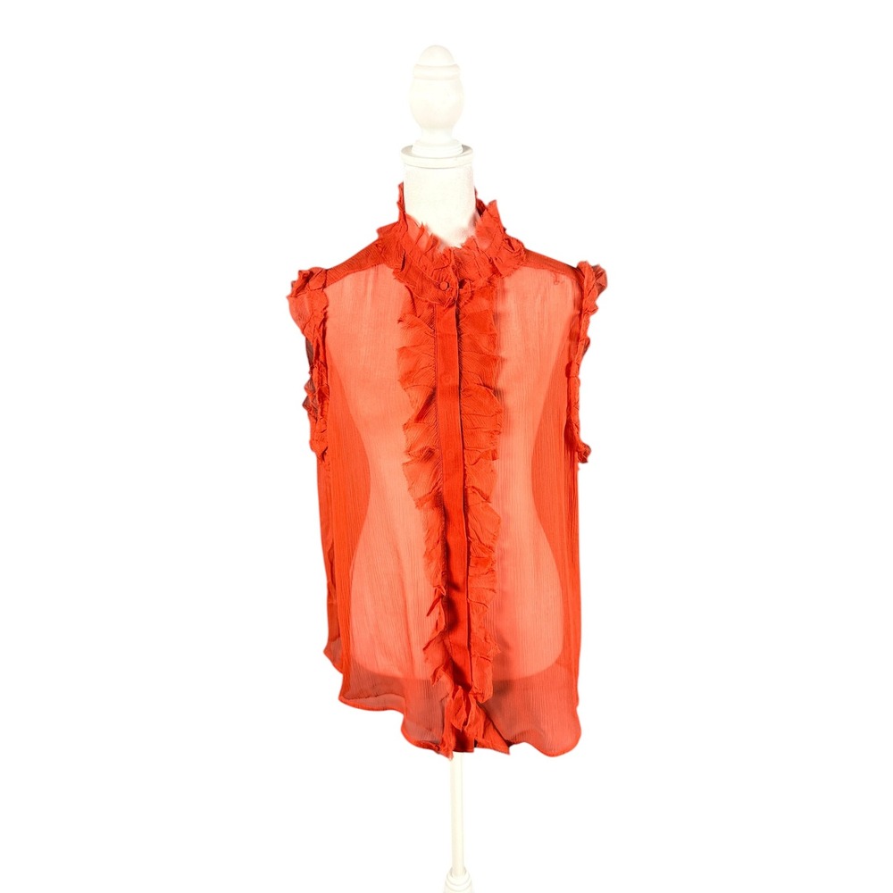 7 For All Mankind Ruffle Blouse Large Orange New Sheer Sleeveless Layering Boho